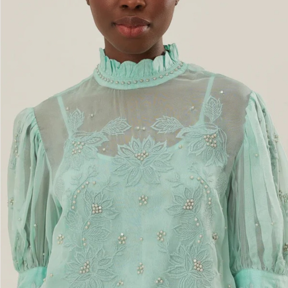 FARM Rio Mint Green Floral and Bead Embroidered Blouse